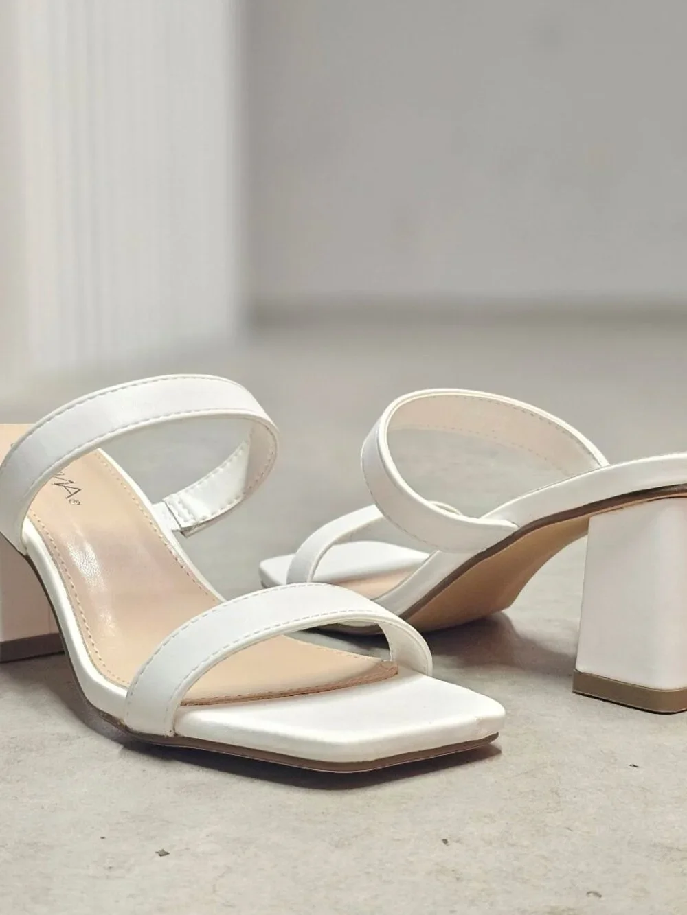 White Faux Leather Block Heel Sandals With Double Straps & Square Toe For Women